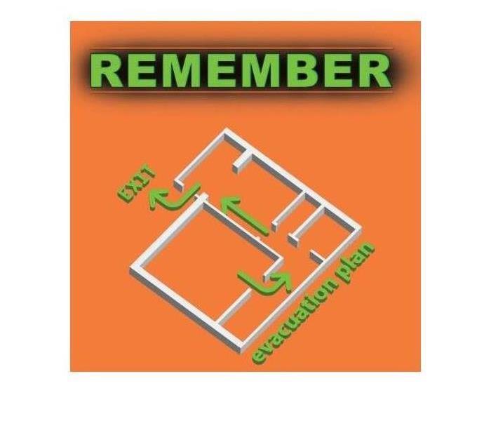 Evacuation plan of a building in case of fire incident. Text on image that says REMEMBER